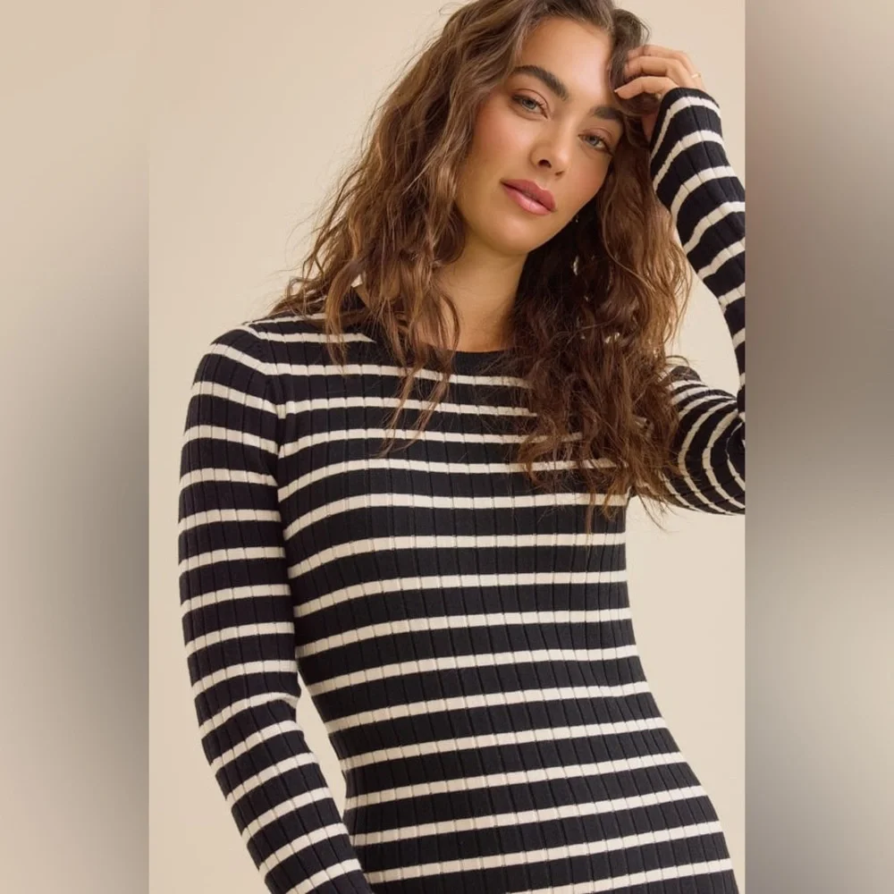 NEW HYFVE Black Striped Ribbed Midi Sweater Dress Flared Hem Size Medium